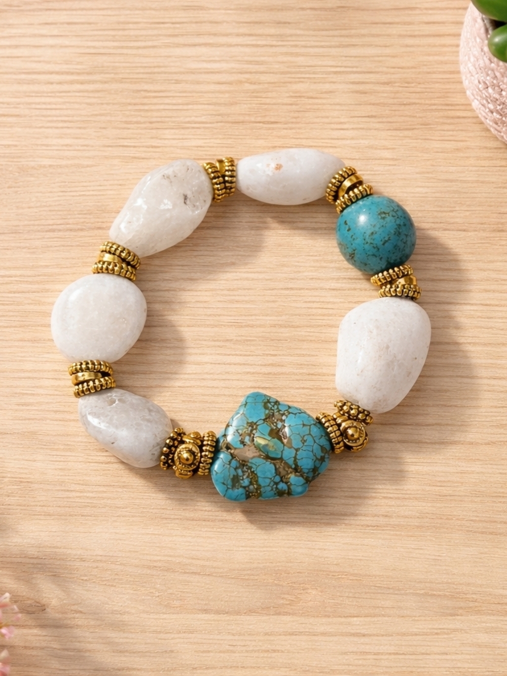 Turquoise Stones & White Snow Quartz Beaded Handmade Bracelet - Gold Accents